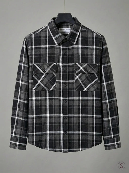 Graphite Frost plaid flannel overshirt in cool grey check, cotton flannel, sizes L to 10XL