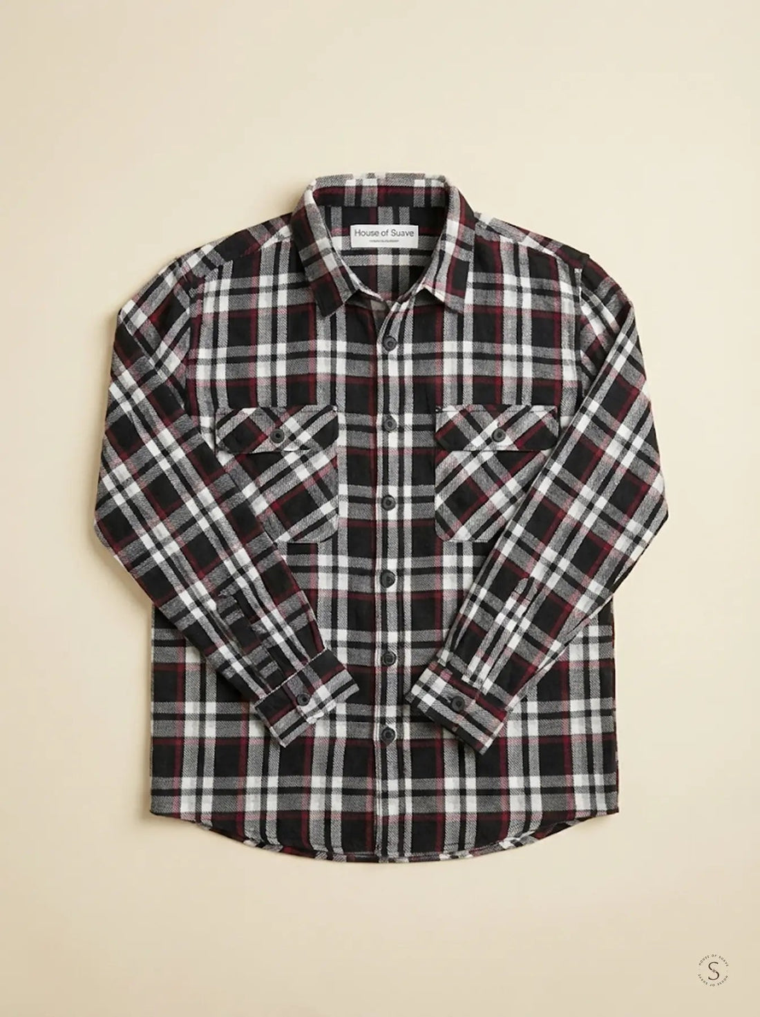 Crimson Noir Plaid Flannel Overshirt in deep red and black cotton flannel, sizes L to 10XL