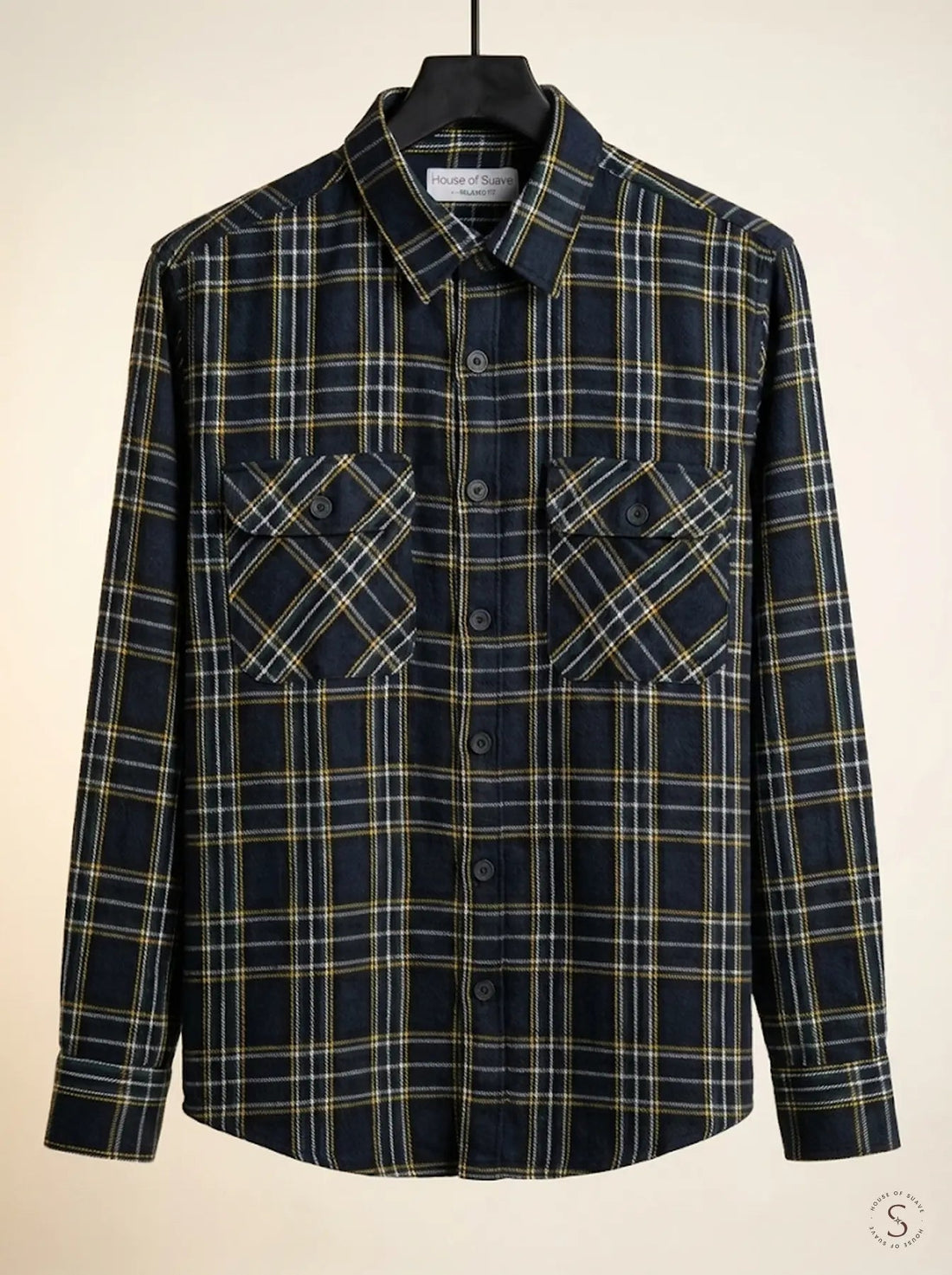 Urban Navy and Gold Check flannel overshirt for men in navy cotton flannel with a fine gold check, sizes L to 10XL