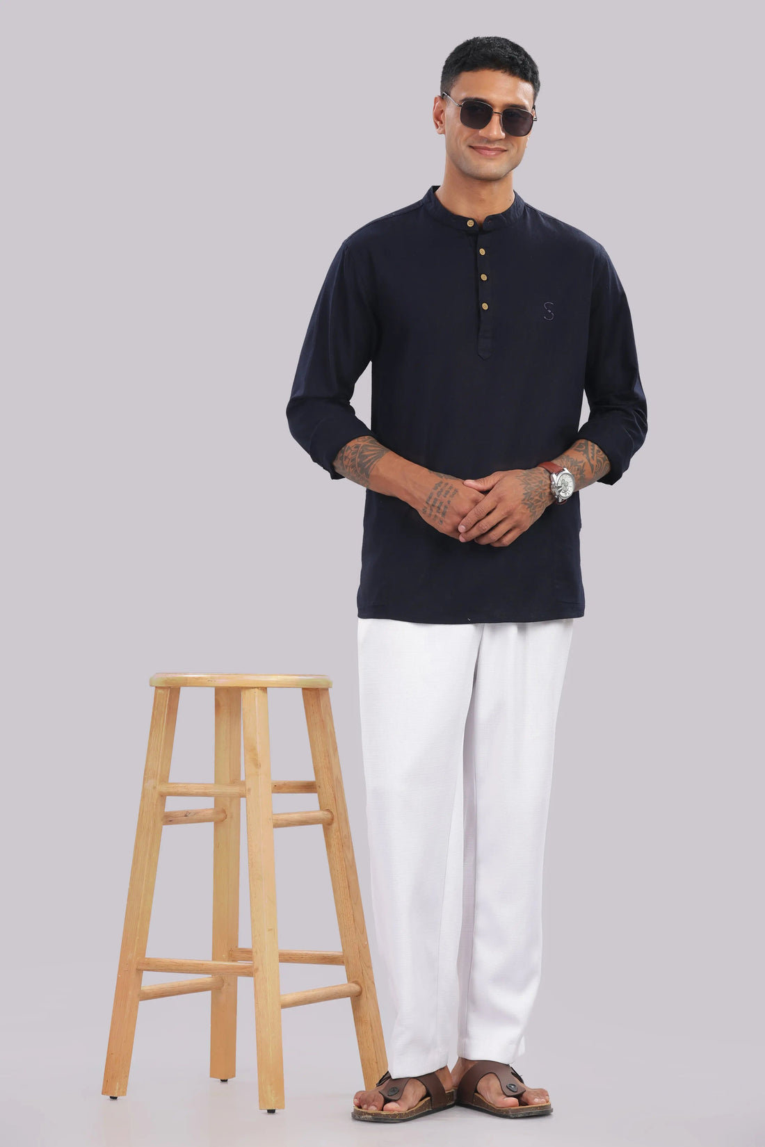 Midnight Indigo linen-blend kurta shirt for men, deep indigo mandarin collar, sizes L to 10XL