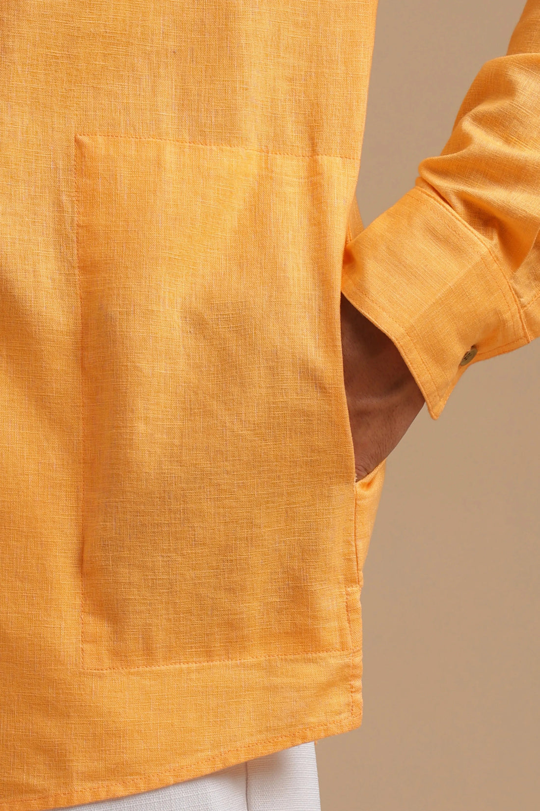 Tangerine Muse saffron linen blend kurta shirt for men for Chhath Puja, sizes L to 10XL