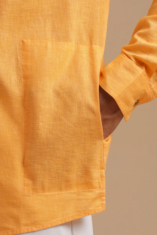 Tangerine Muse saffron linen blend kurta shirt for men for Chhath Puja, sizes L to 10XL