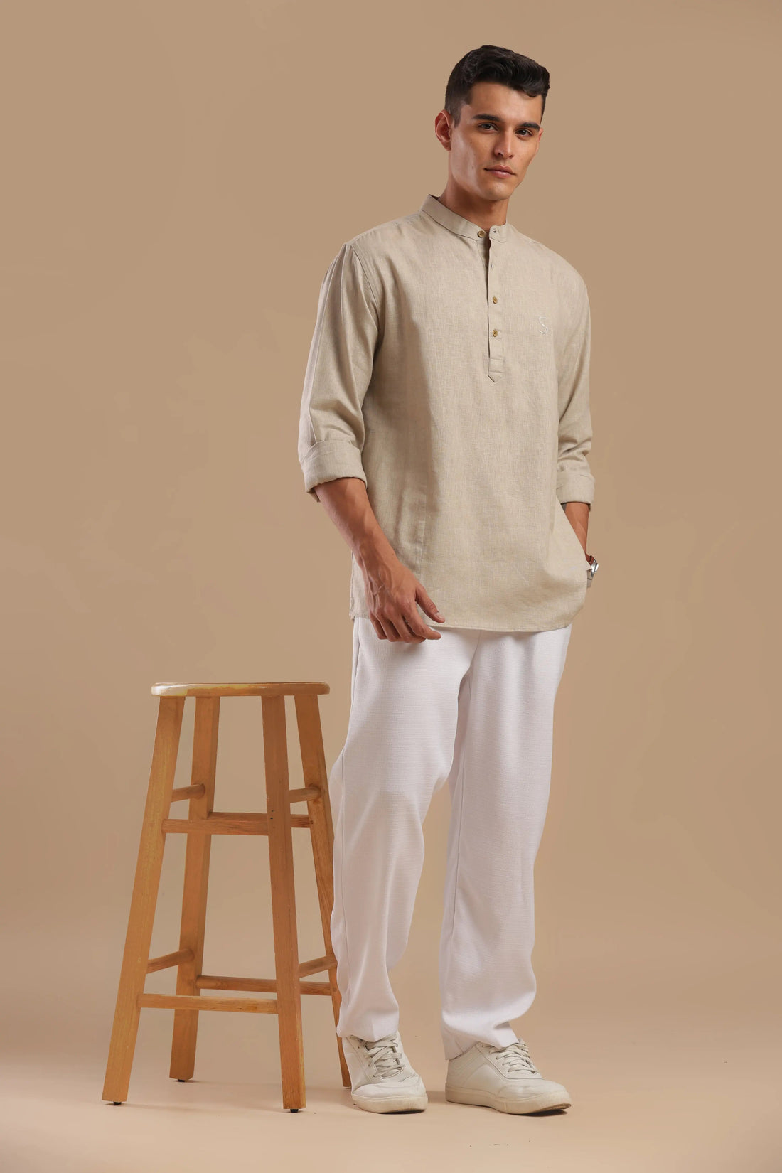 Stone Mist grey linen-blend kurta shirt for men, sizes L to 10XL