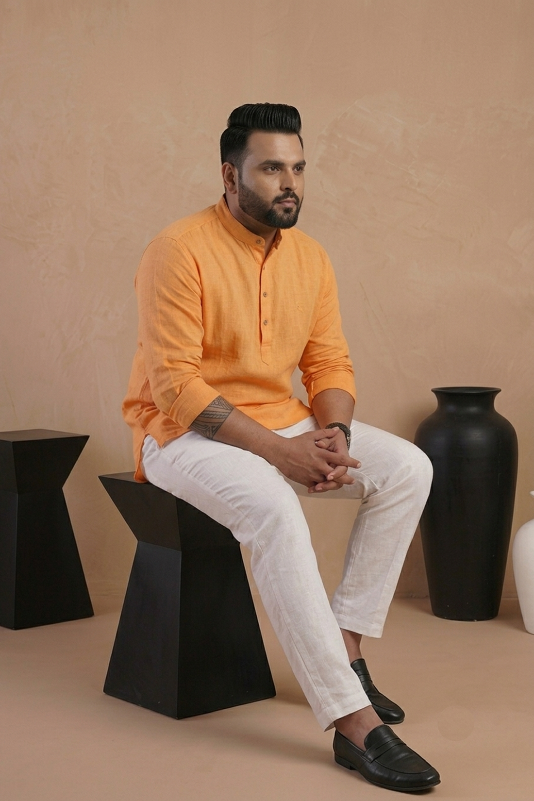 Tangerine Muse orange linen-blend kurta shirt for men, mandarin collar, sizes L to 10XL