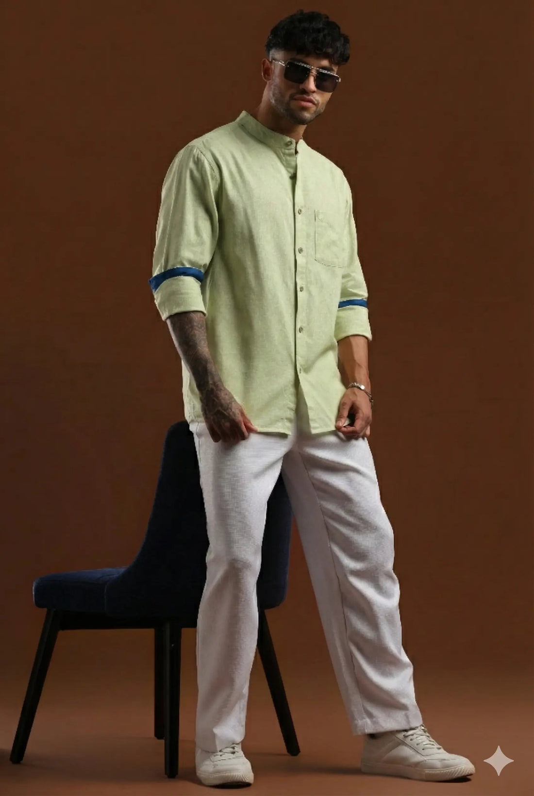 Pistachio Mist light green linen-cotton blend shirt for men, sizes L to 10XL