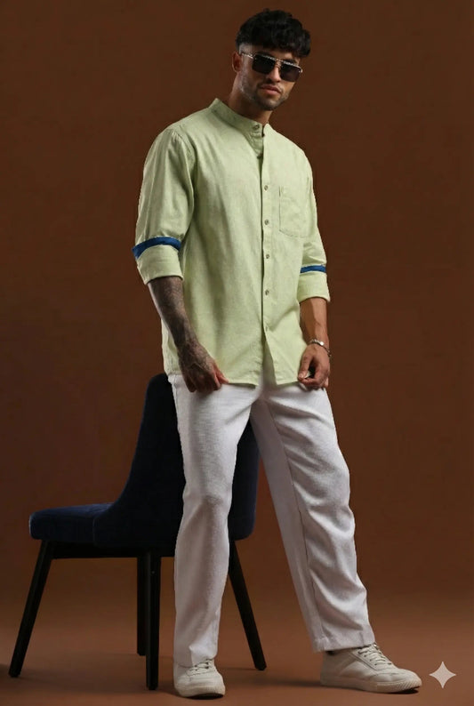 Pistachio Mist light green linen-cotton blend shirt for men, sizes L to 10XL