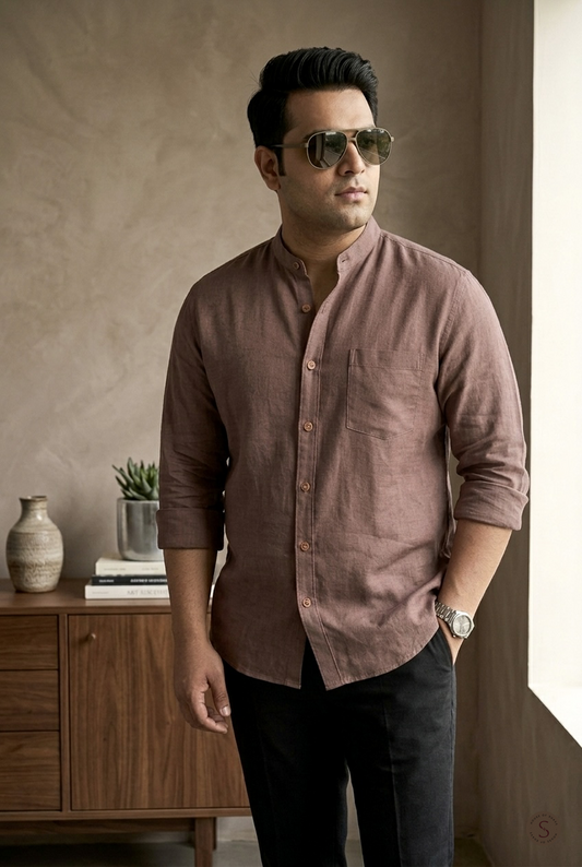 Milan Mocha warm brown linen-cotton blend shirt for men, sizes L to 10XL, House of Suave