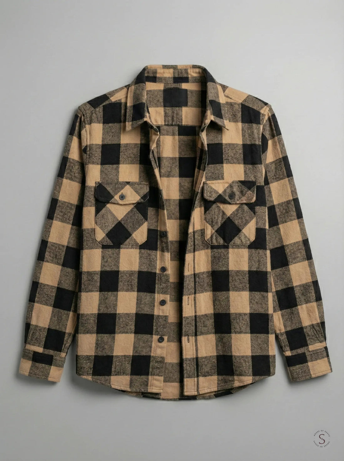 Golden Hour flannel overshirt in warm mustard gold check, cotton flannel, sizes L to 10XL
