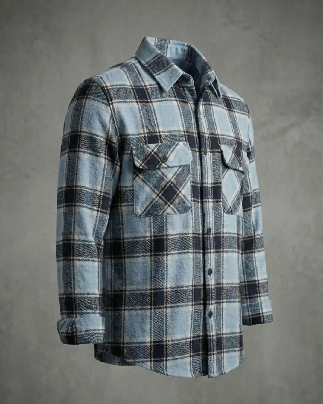 Winter Sky Flannel Overshirt in cool blue cotton flannel check, sizes L to 10XL