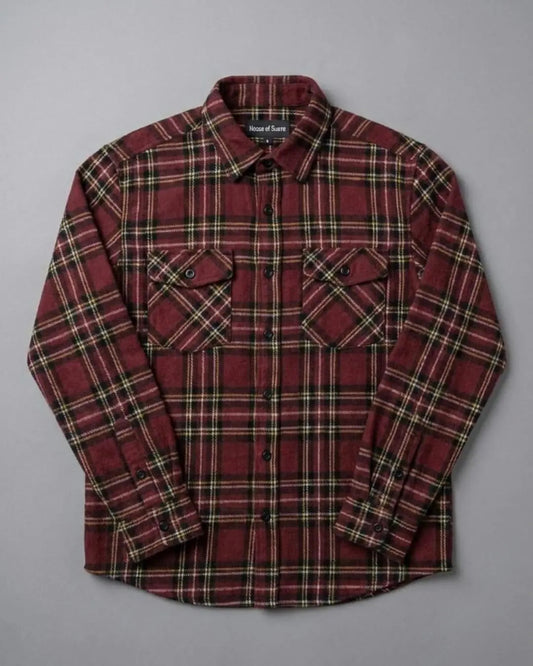 Warm Wine cotton flannel overshirt, deep red check, House of Suave, sizes L to 10XL