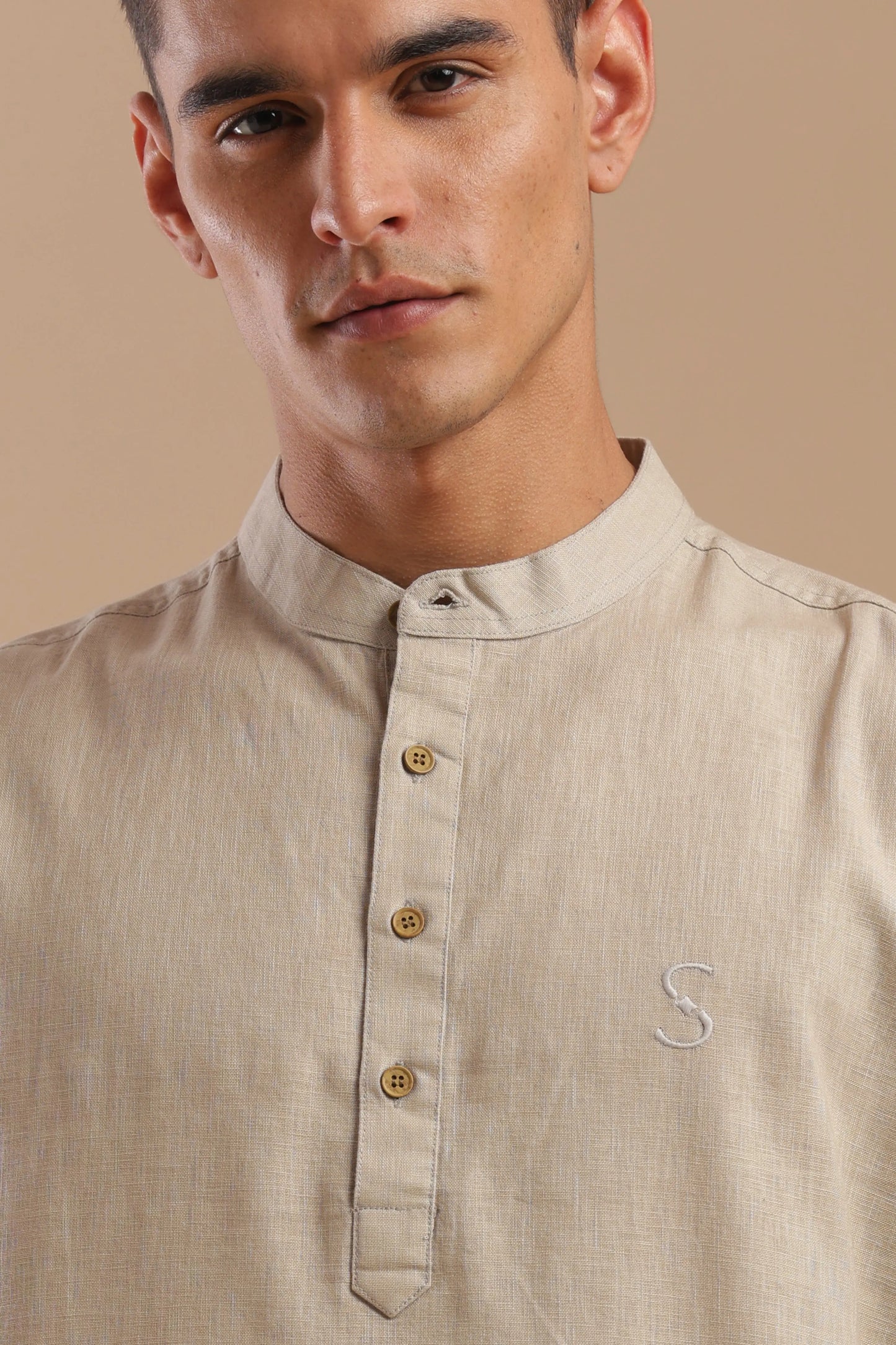 Stone Mist — Linen Blend Kurta Shirt.