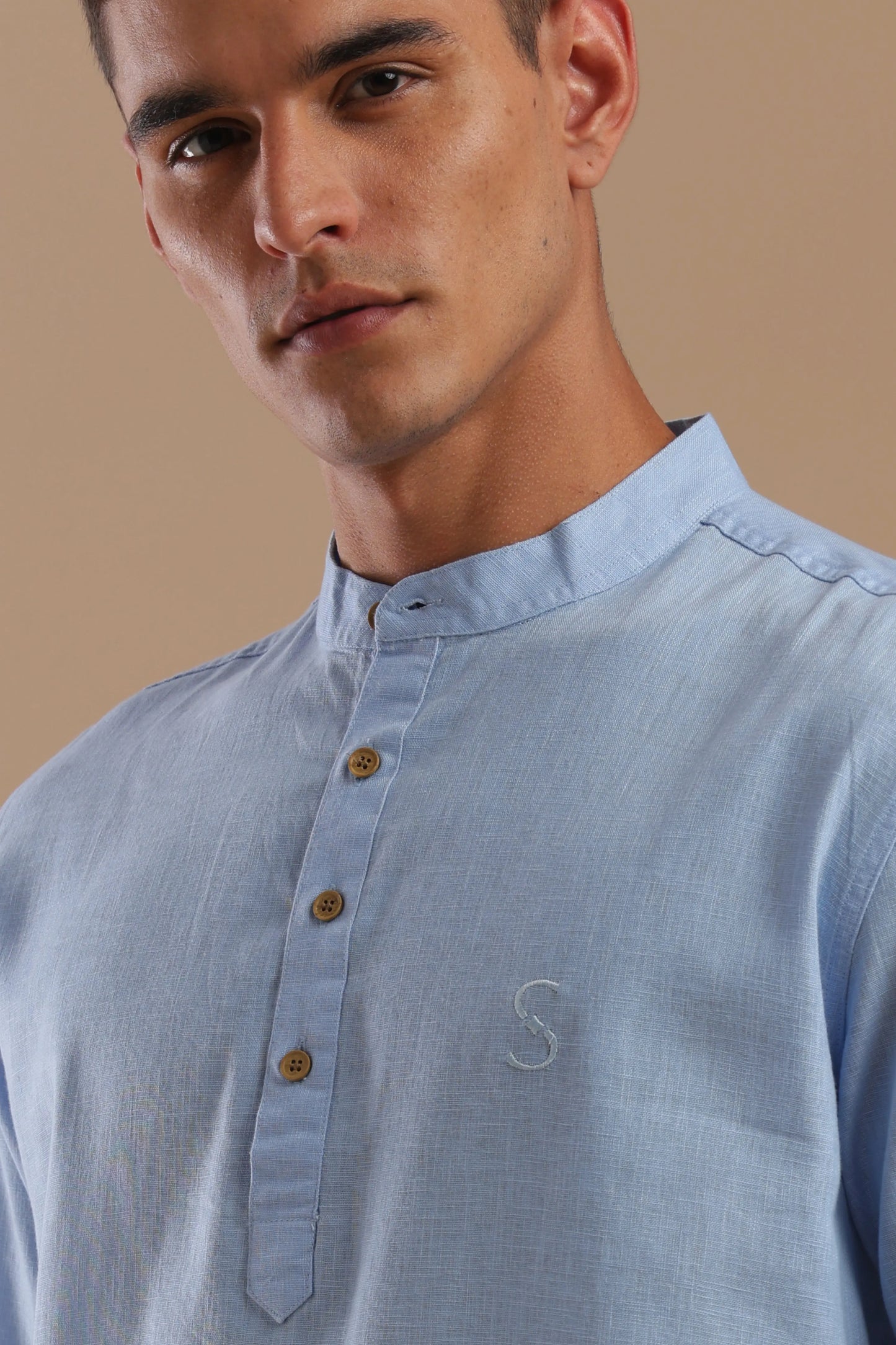 Santorini Blue — Linen Blend Kurta Shirt.