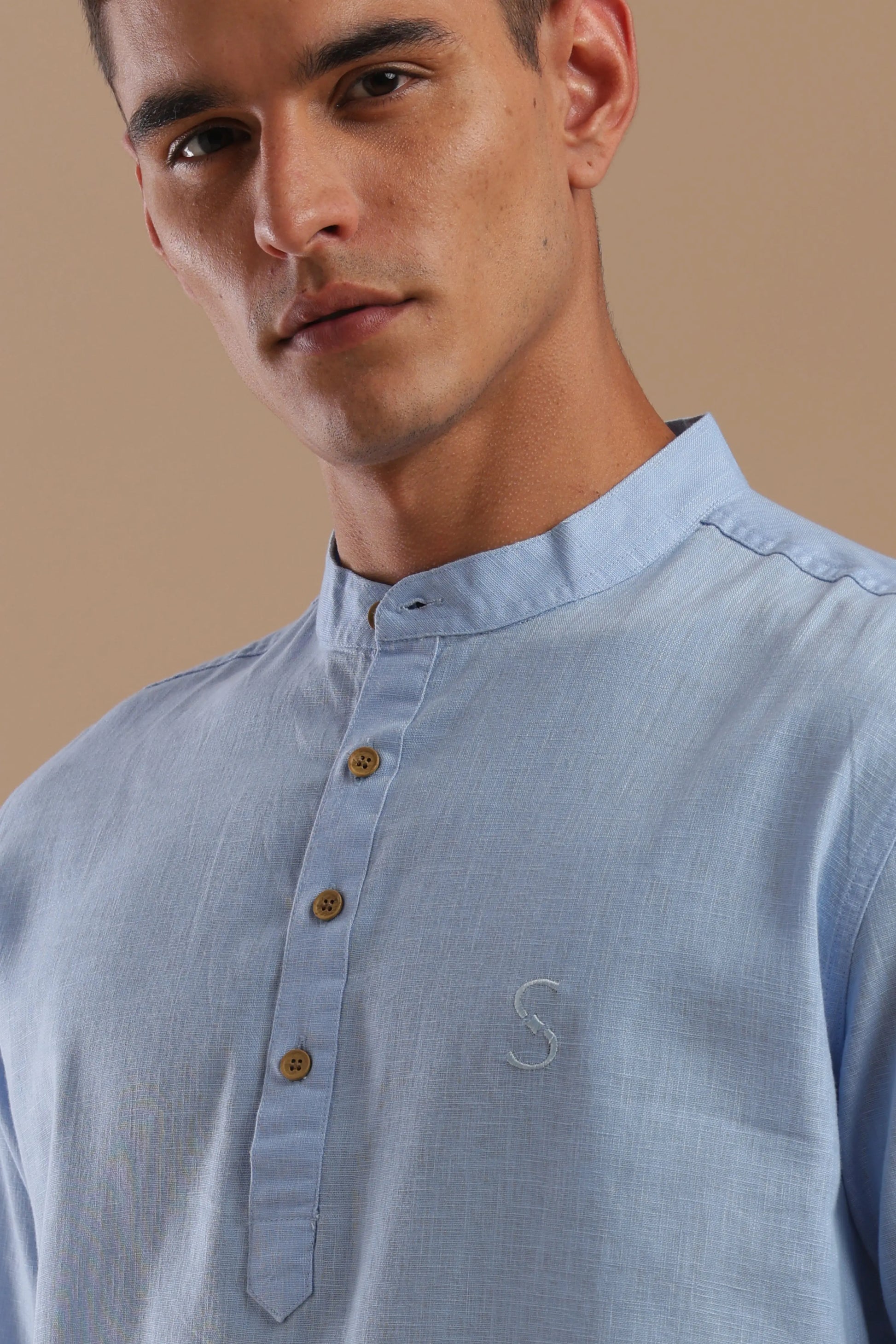 Santorini Blue — Linen Blend Kurta Shirt.