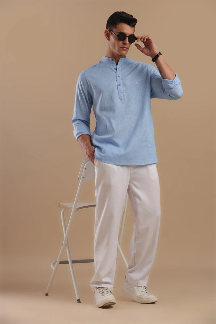 Santorini Blue - Linen Blend Kurta Shirt