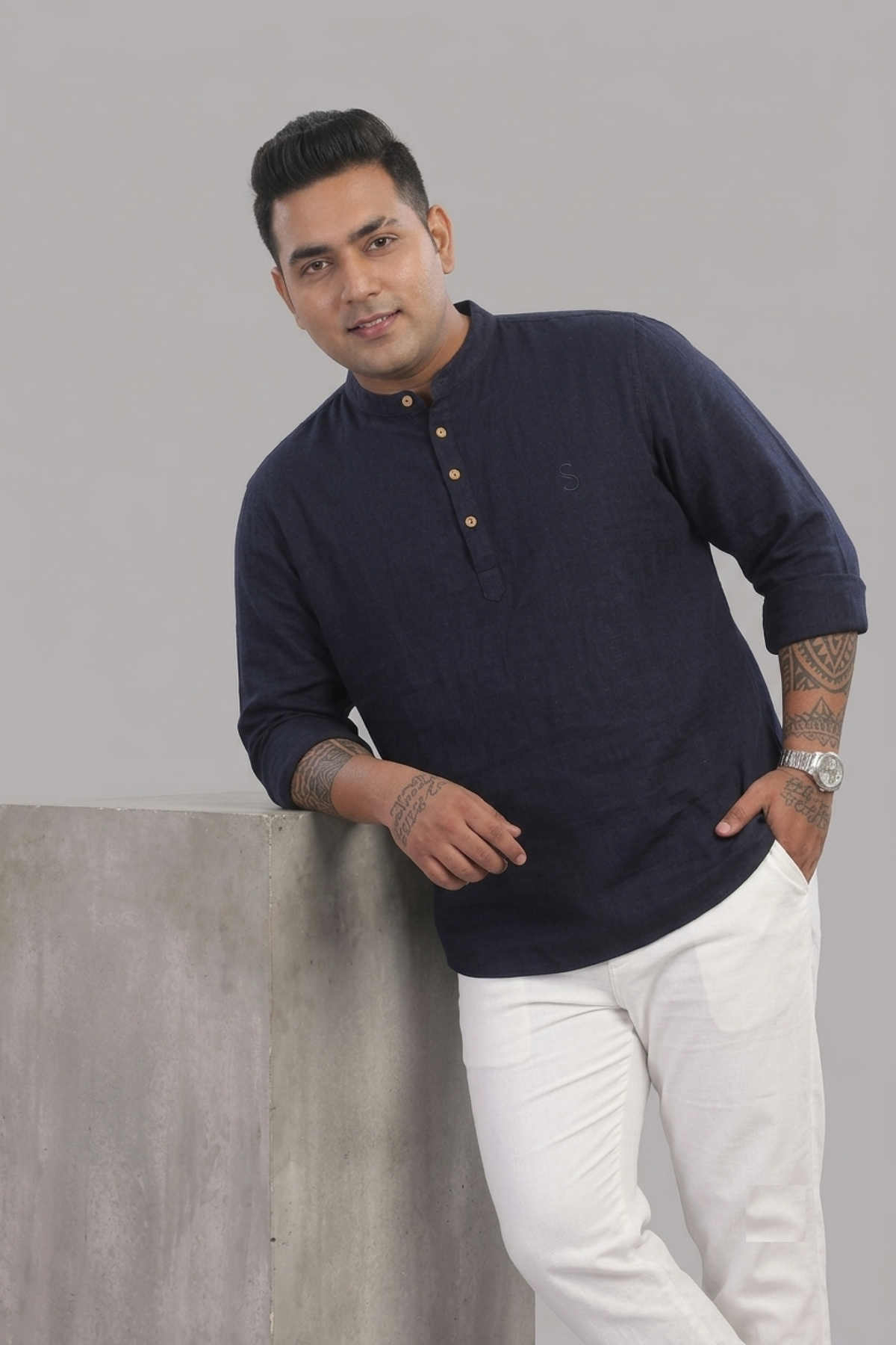Midnight Indigo - Linen Blend Kurta Shirt